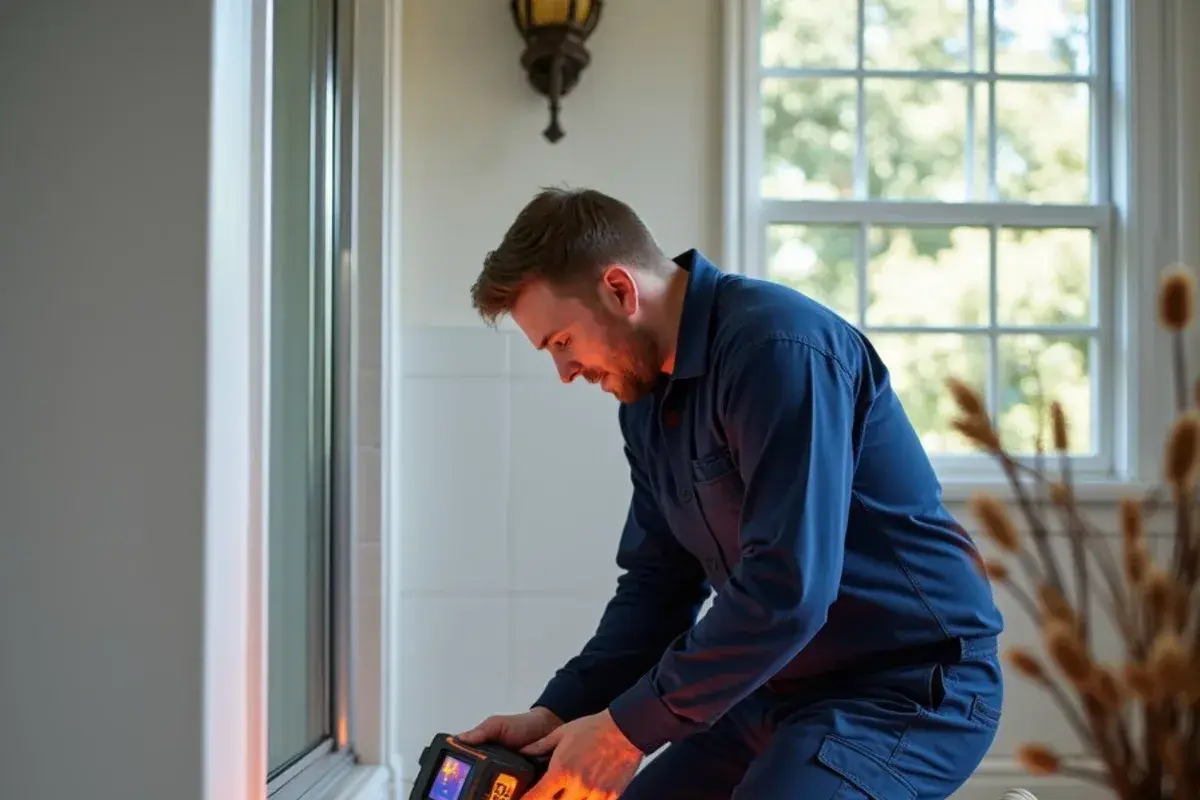 Plumber checking a warm spot on a tile floor with a thermal camera