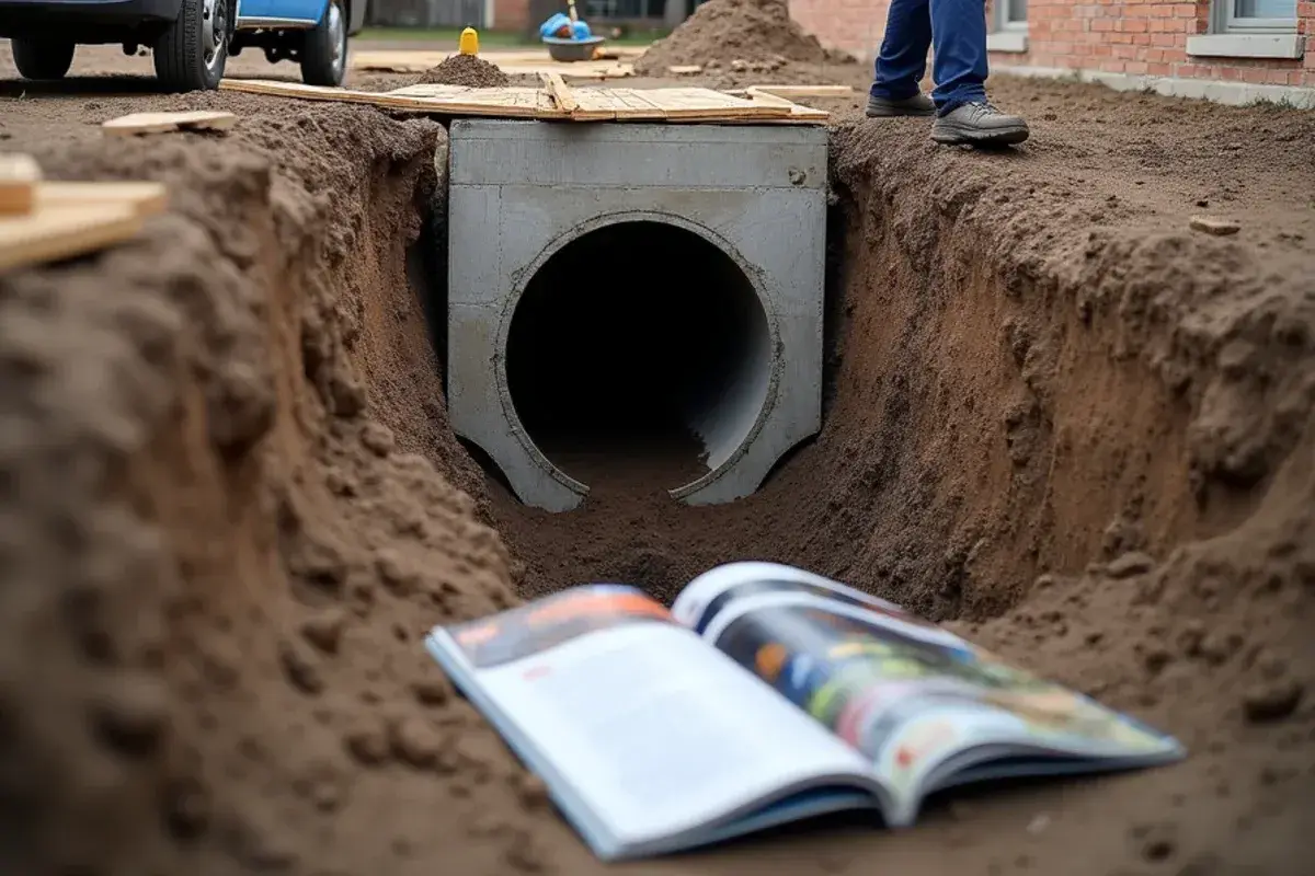 Tunnel dug under a slab foundation edge to reach a drain line leak