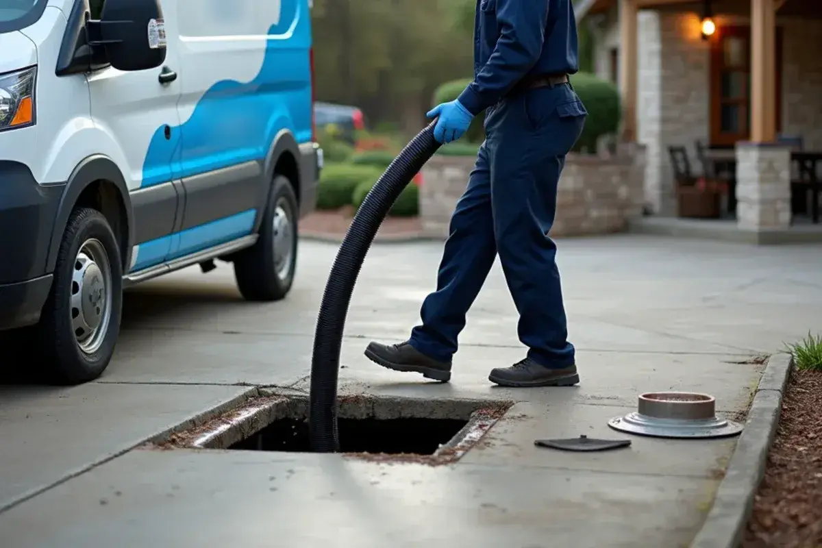 Vacuum hose pumping out an in-ground grease interceptor behind a restaurant
