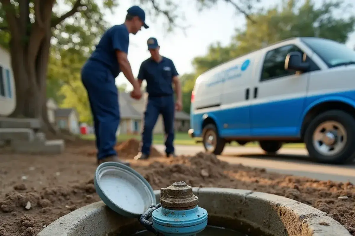 Clear water pooled inside a meter box on a dry day, a sign of a service line leak