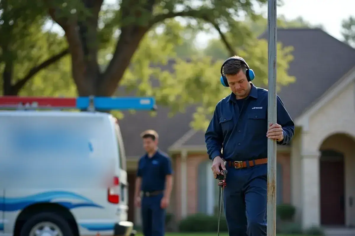 Technician using a ground microphone to listen for a leak along a buried yard water line