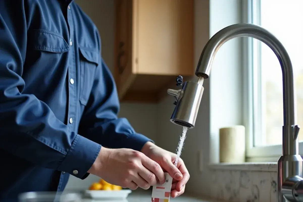 Homeowner testing kitchen tap water with a hardness test strip and color chart