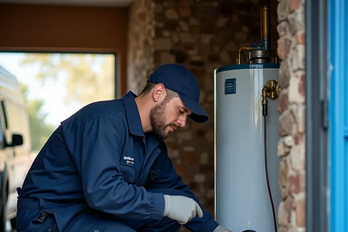 Plumber inspecting the burner area of a gas tank water heater on hard water
