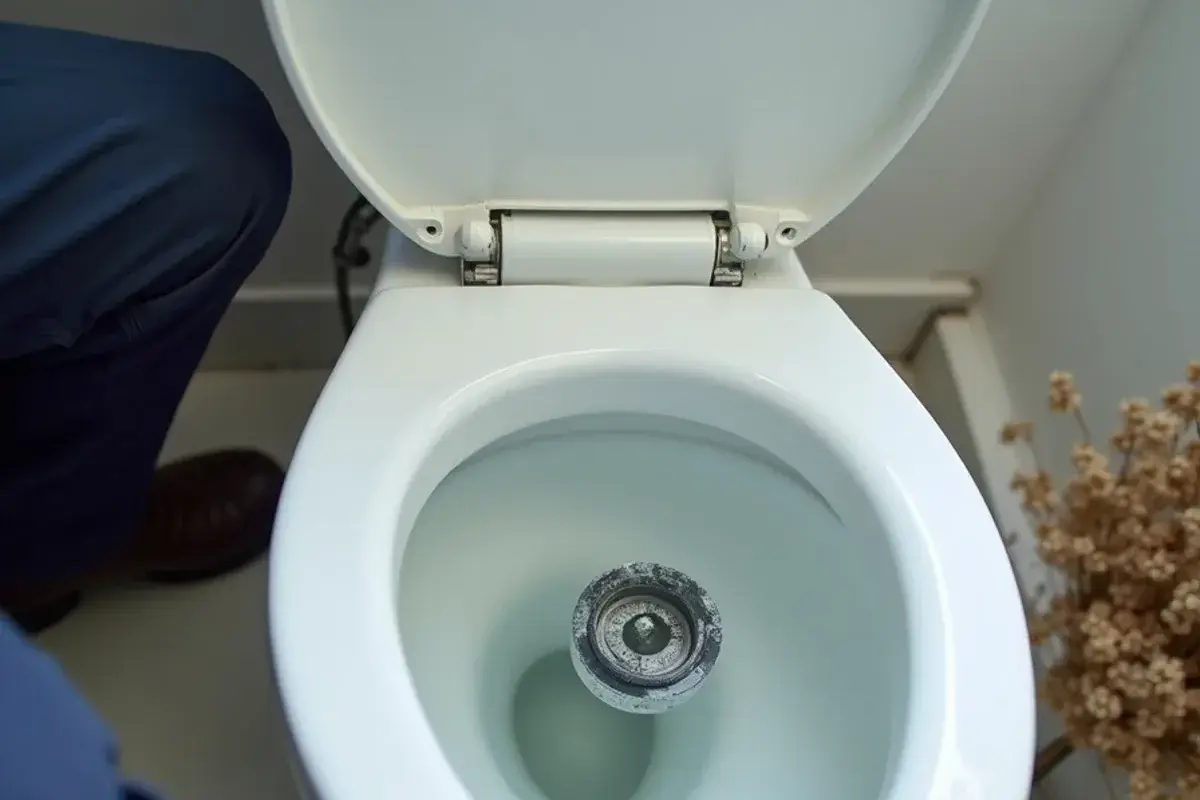 Toilet tank fill valve and flapper coated with white mineral deposits