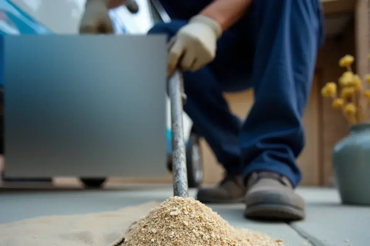 Worn anode rod and white mineral sediment removed from an old water heater tank