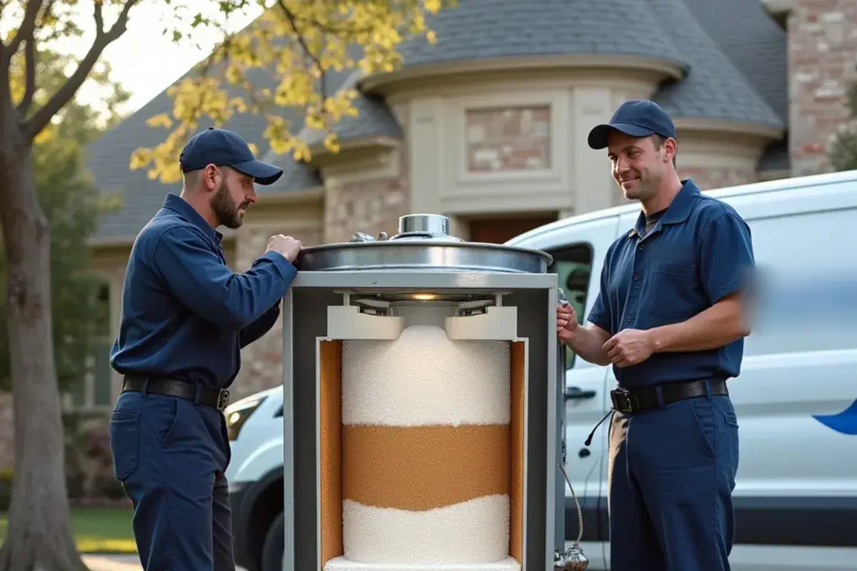Cutaway of a tank water heater bottom showing a thick layer of white sediment