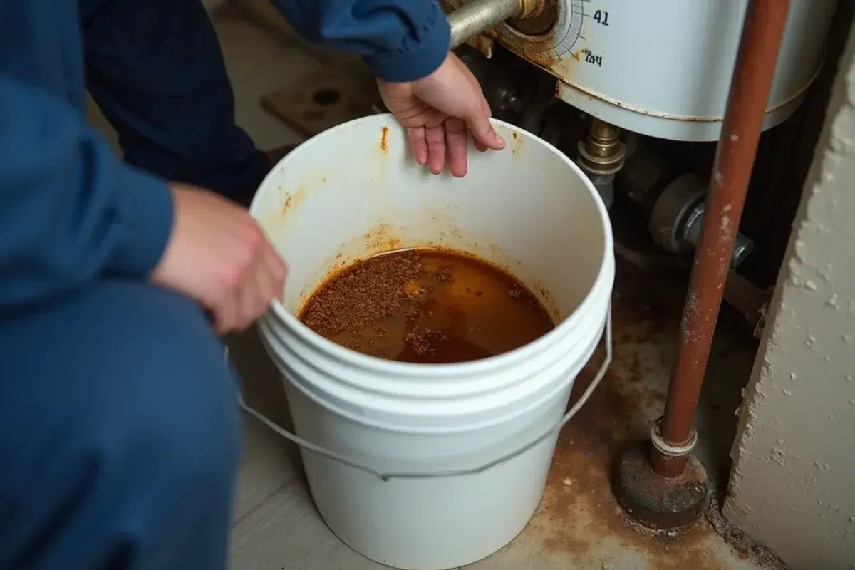Bucket of rust-tinted water drained from an aging tank water heater