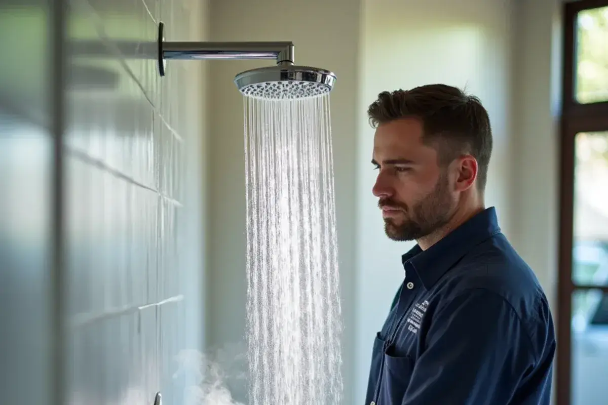 Hand testing shower water temperature under a running rain showerhead