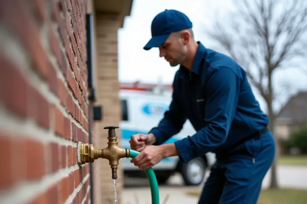 Homeowner disconnecting a garden hose from an outdoor faucet to let it drain