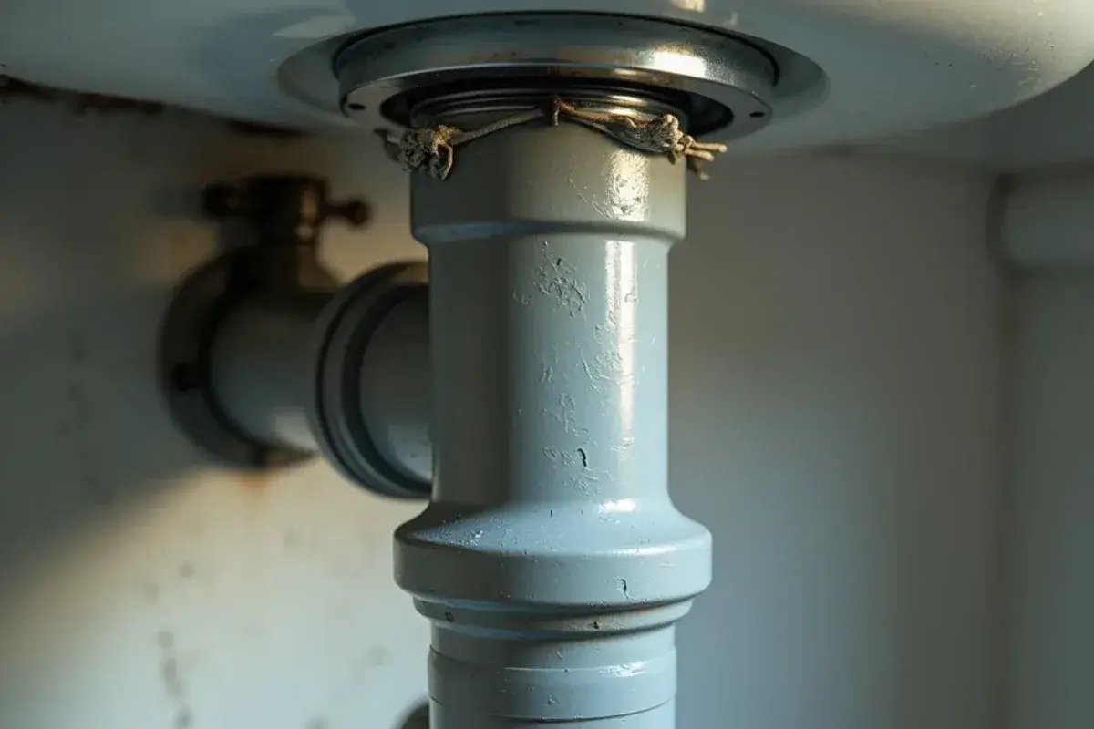 Close-up of a grey plastic supply pipe with faint resin lettering under a bathroom sink
