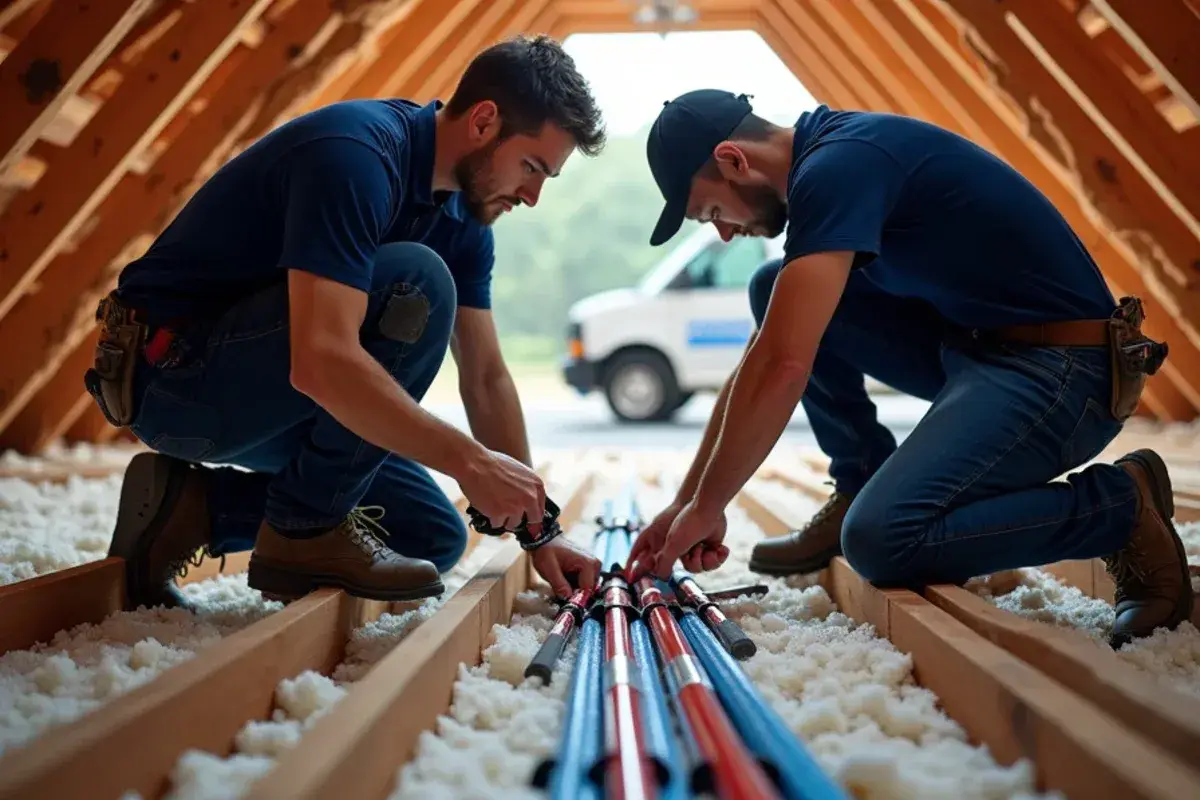 New PEX supply lines run along attic joists during a whole-house repipe
