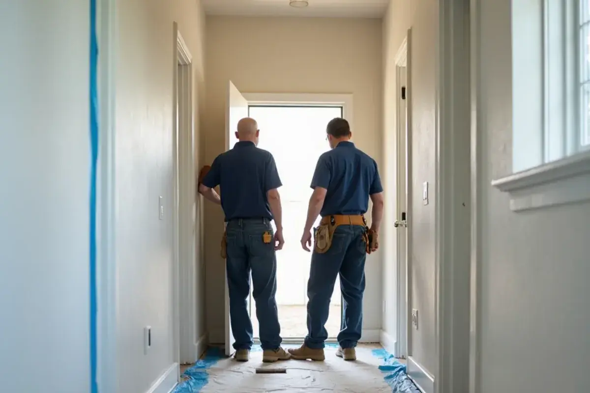 Small square drywall access cuts along a hallway wall during a repipe