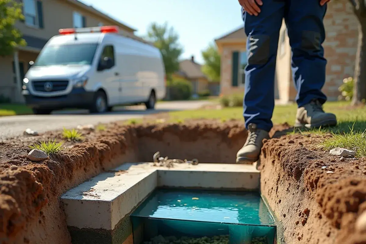 Cutaway illustration-style view of a buried septic tank with sludge, liquid and scum layers