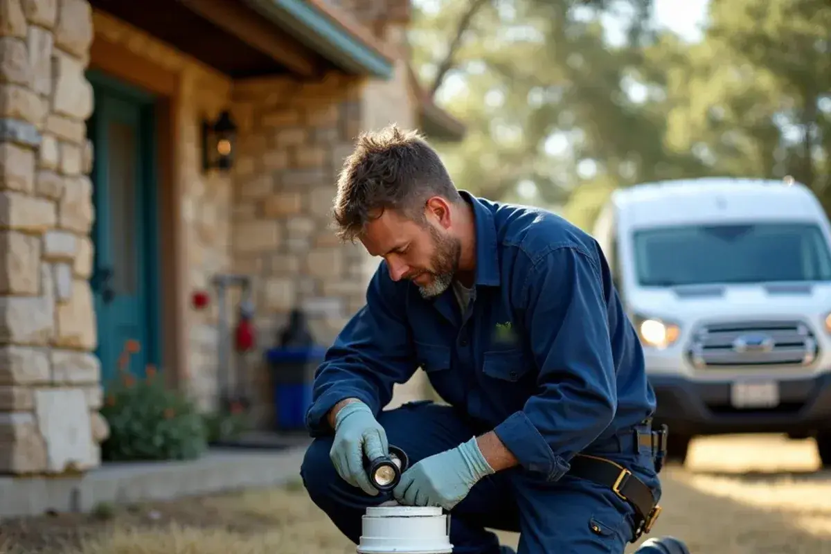 Plumber opening a white cleanout cap on the line between a house and its septic tank