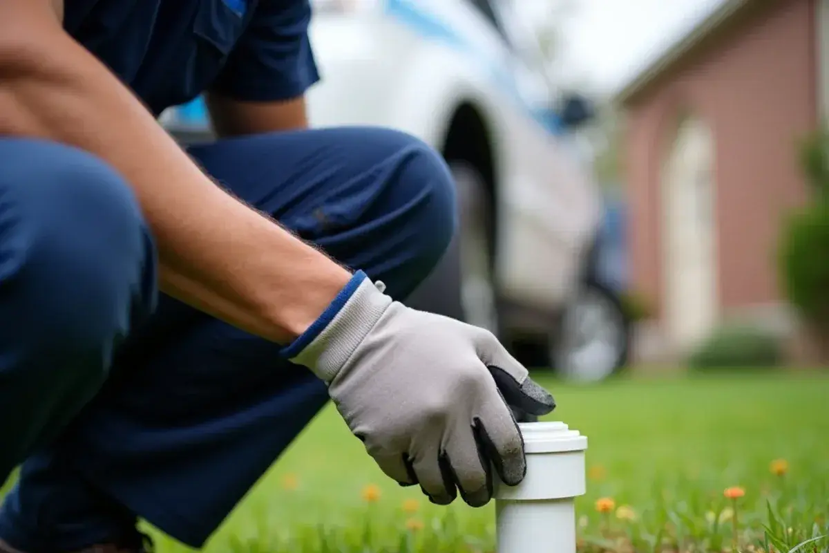 Gloved hand unscrewing a white PVC sewer cleanout cap in a front yard