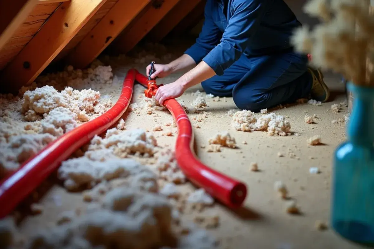 New PEX hot-water line rerouted through an attic to bypass a slab leak