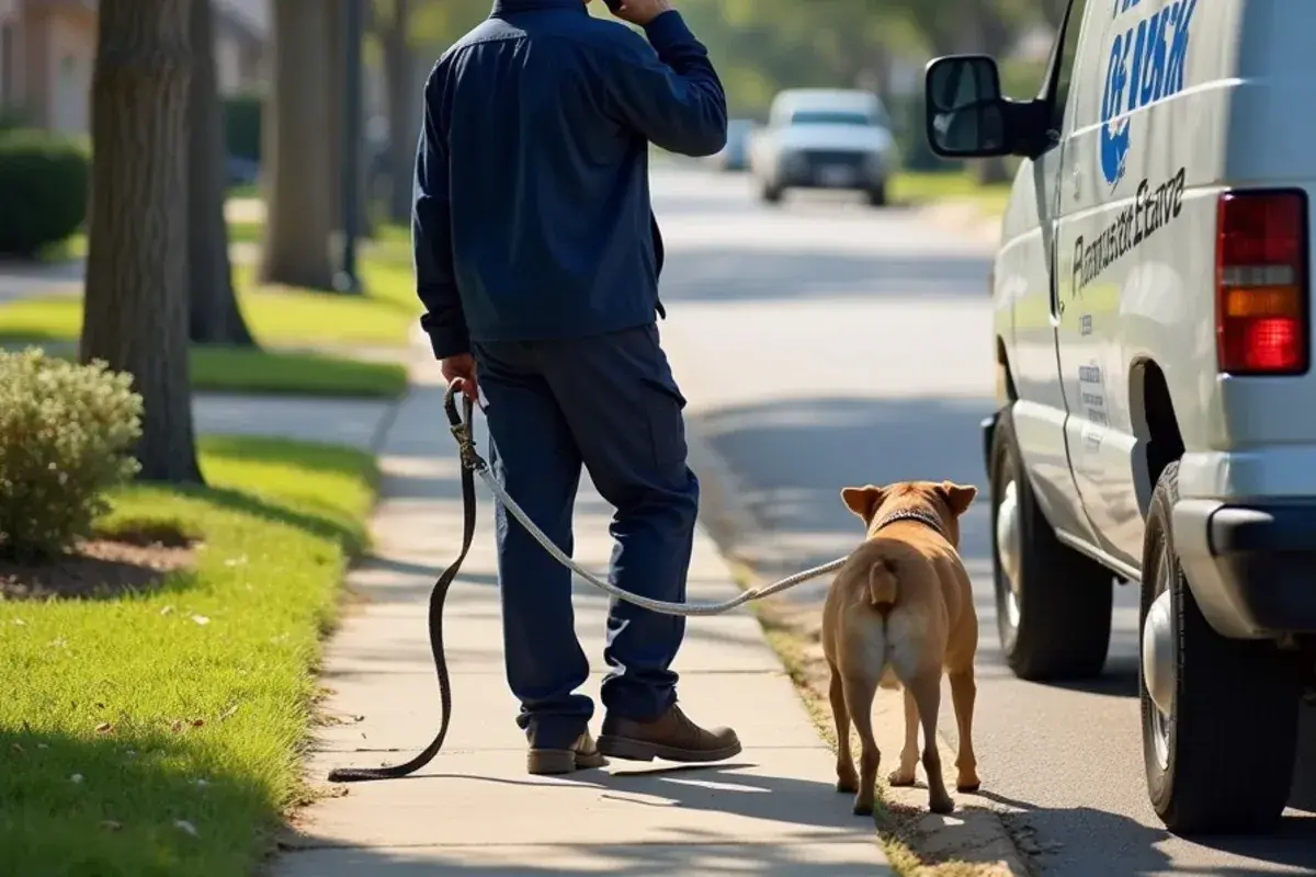 Homeowner making a phone call from the sidewalk well away from a house with a gas smell