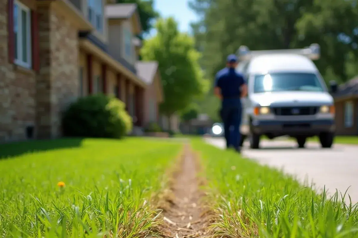 Strip of dead brown grass running across a green lawn above a buried gas line