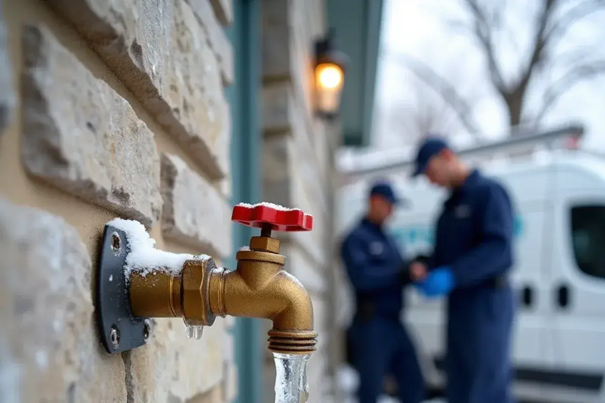 Ice built up on an outdoor faucet on a limestone wall during a hard freeze