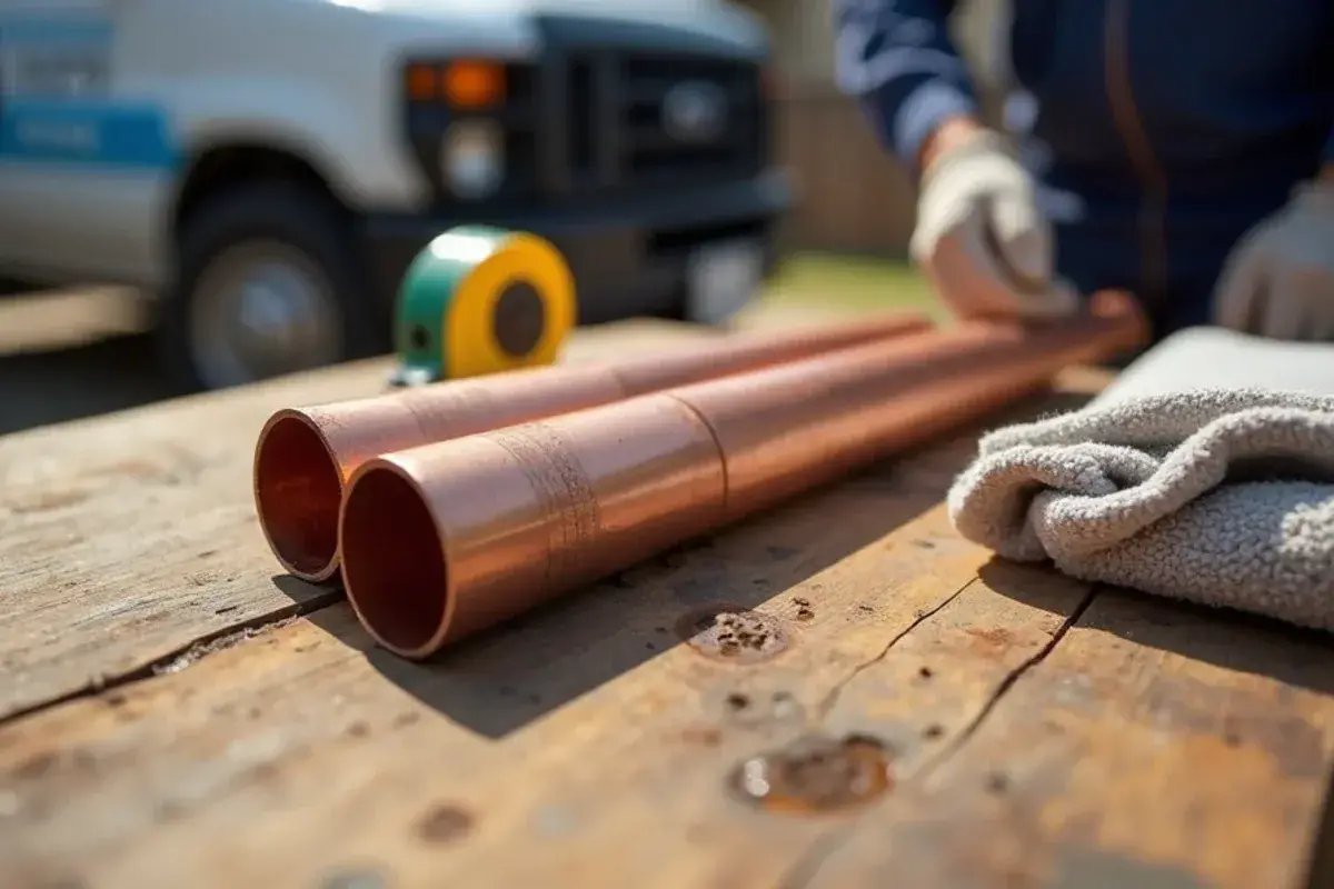 Freeze-split copper pipe beside a corroded pinhole section on a workbench