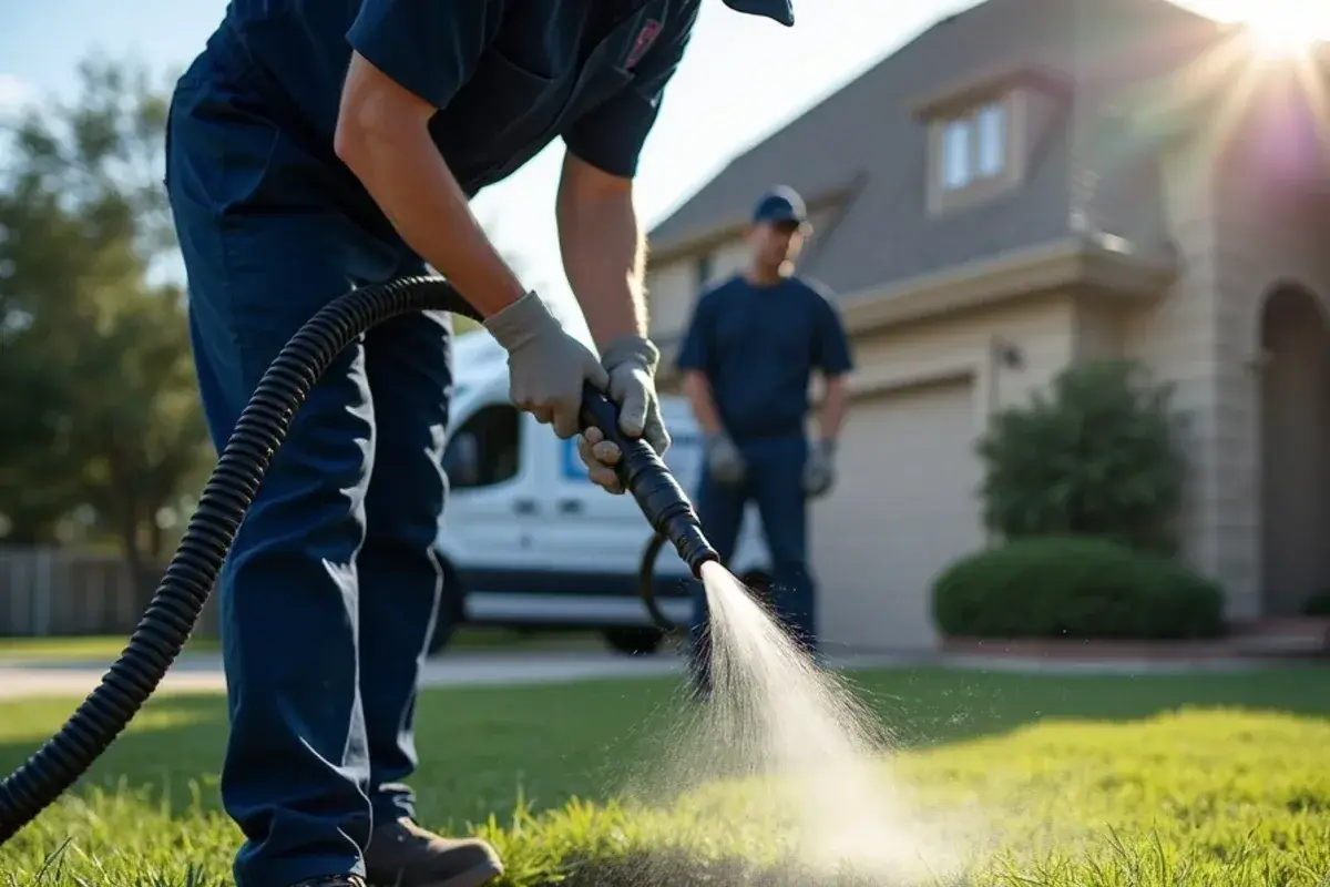 Hydro-jetting hose fed into an outdoor two-way drain cleanout beside a slab foundation