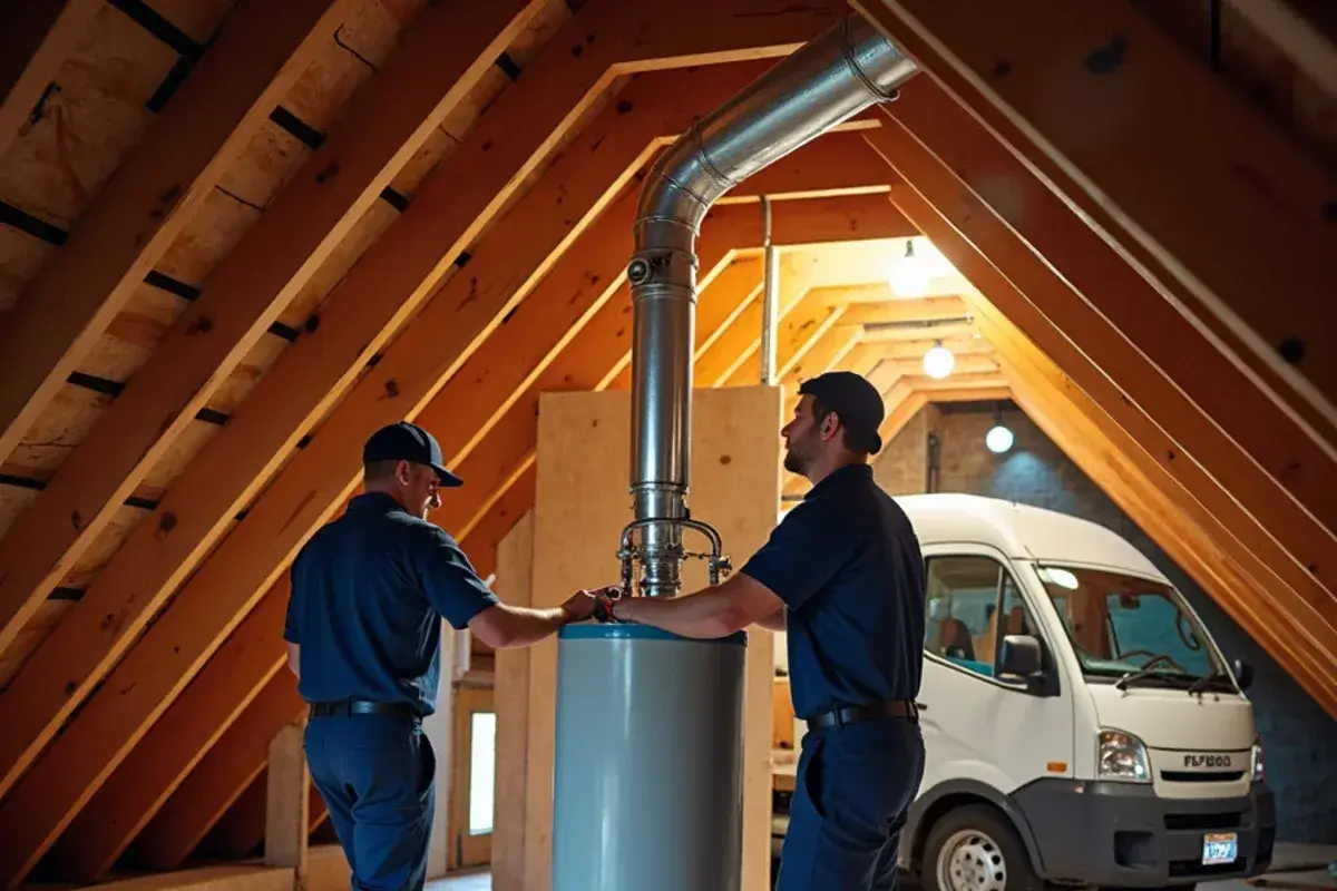 Gas water heater on an attic platform with a drain pan and walk boards