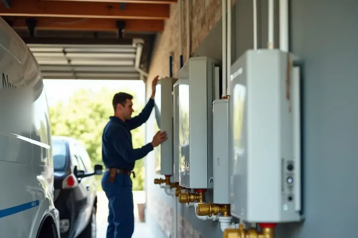 Wall-mounted tankless water heater with isolation valves and white PVC venting