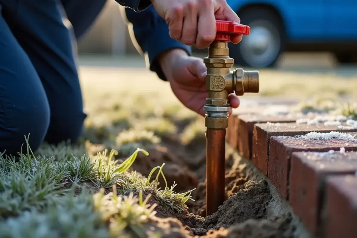 Homeowner turning a quarter-turn main water shut-off valve beside a slab foundation
