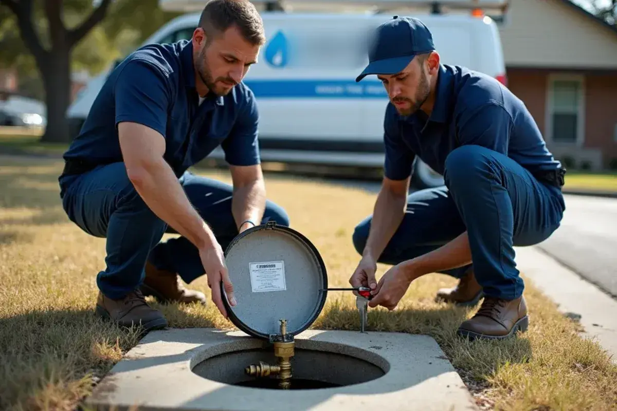Open water meter box at the curb showing the meter and a customer-side valve