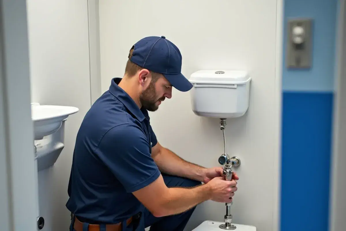 Plumber replacing a commercial toilet flush valve in a Georgetown TX office restroom