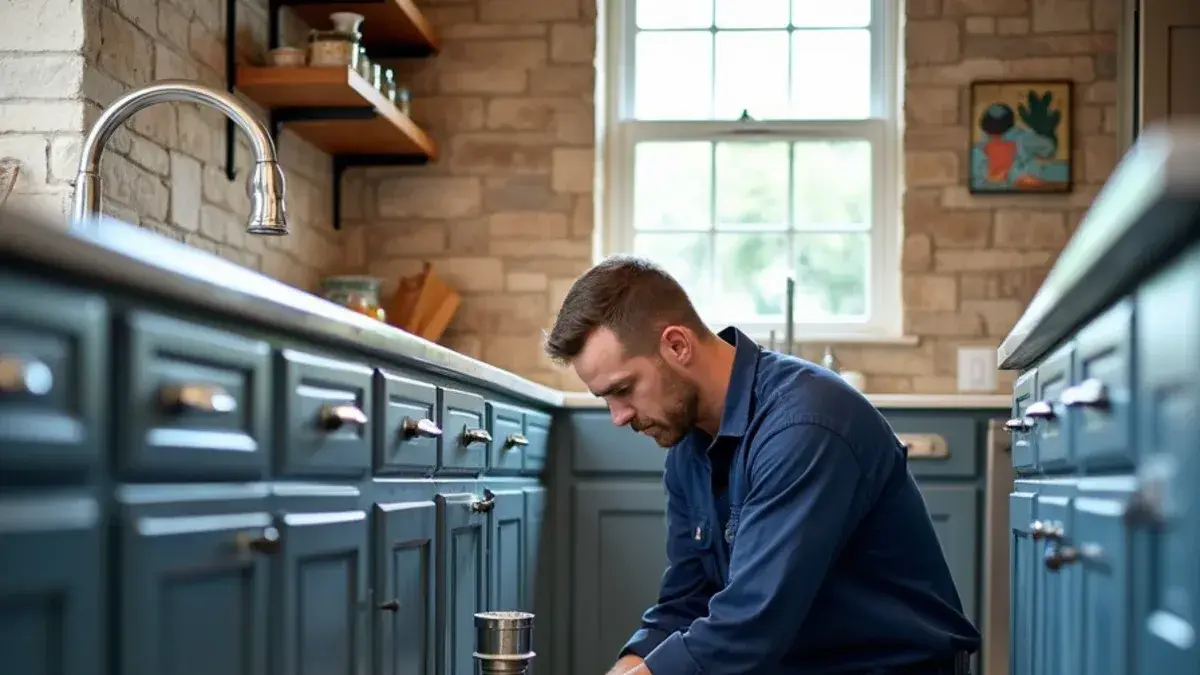 Plumber working under a three-compartment sink in a Georgetown TX restaurant kitchen