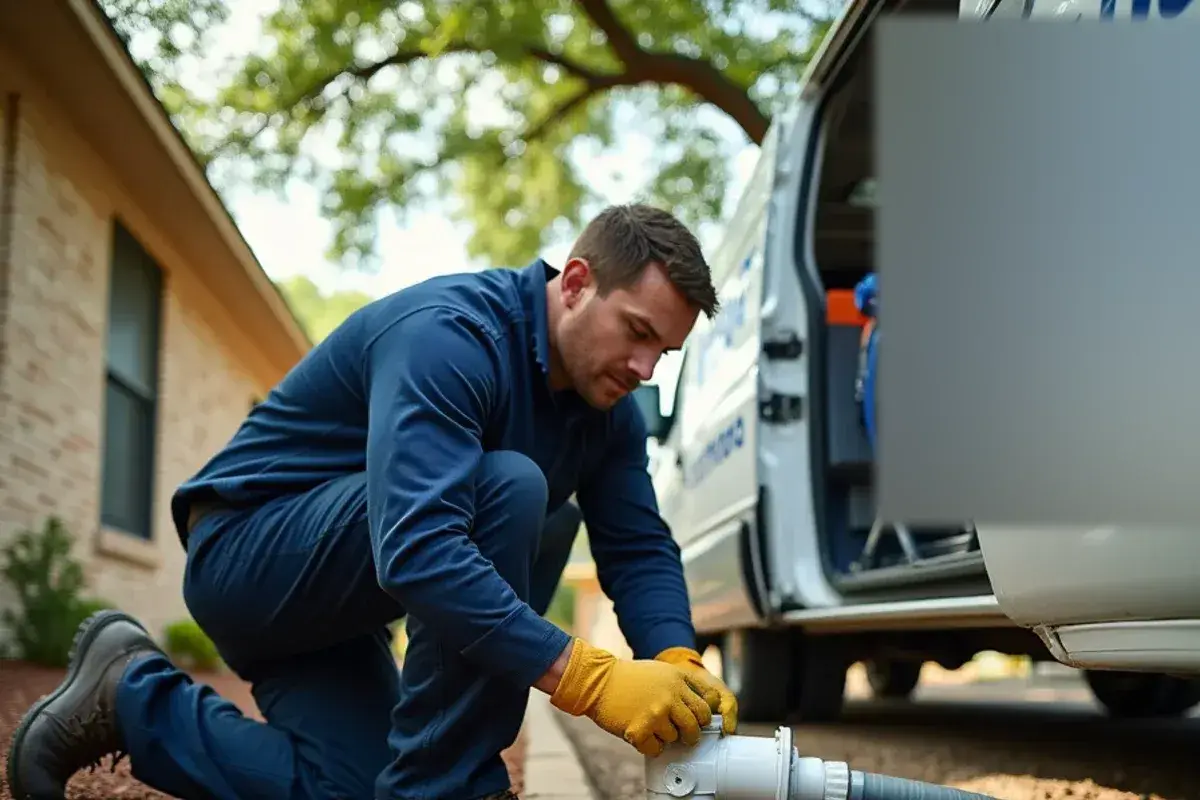 Plumber opening an outdoor sewer cleanout during a main-line backup in Georgetown TX