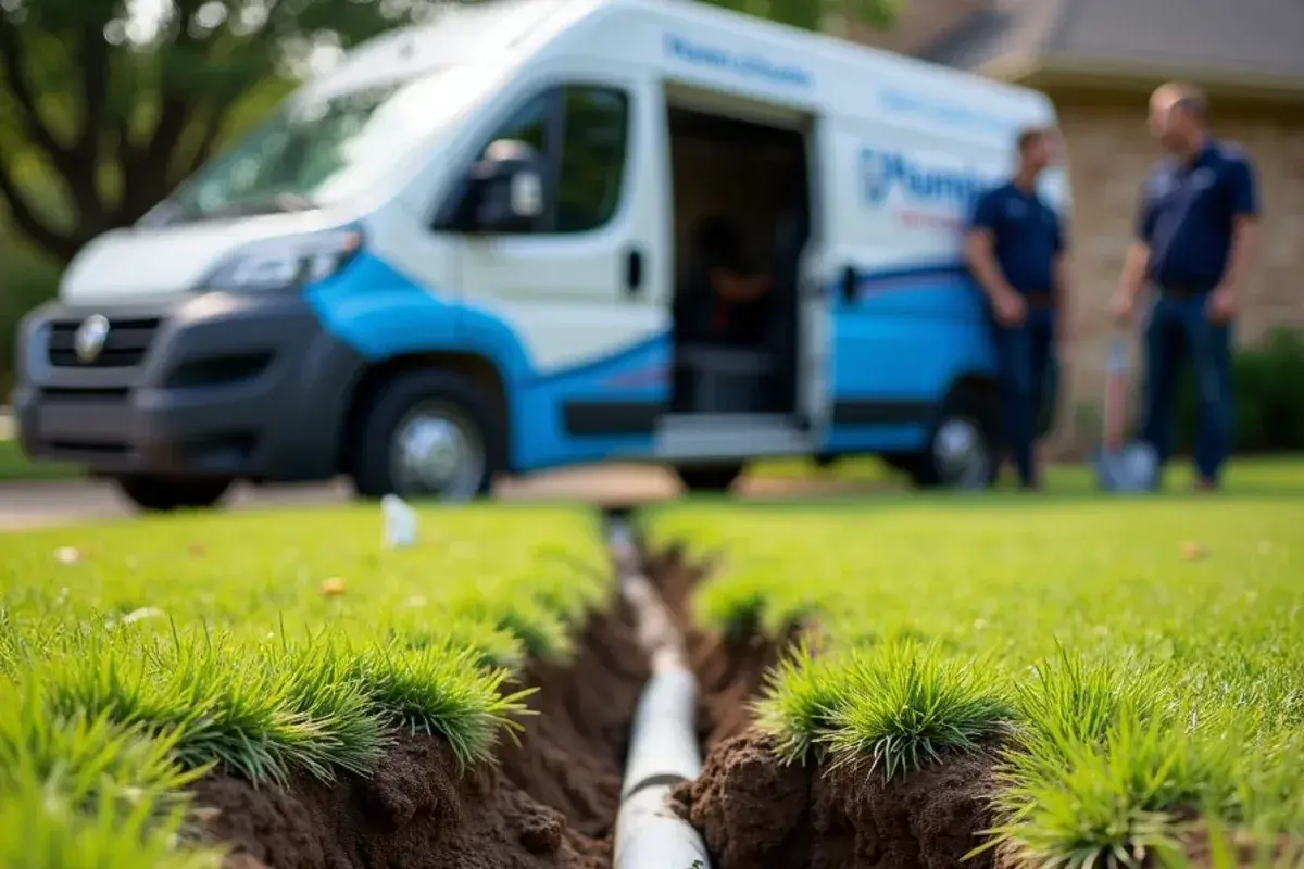Cracked sprinkler line exposed in wet clay soil in a Georgetown TX yard