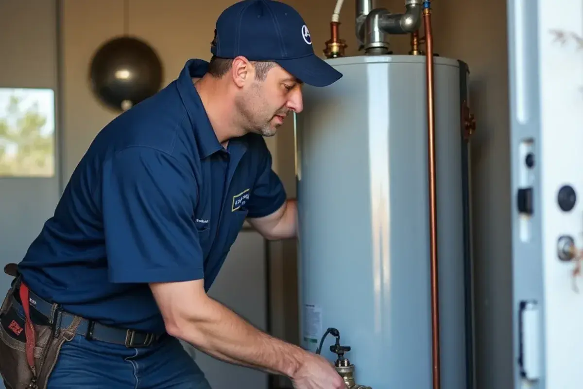 Plumber testing a water heater relief valve in a Georgetown TX garage
