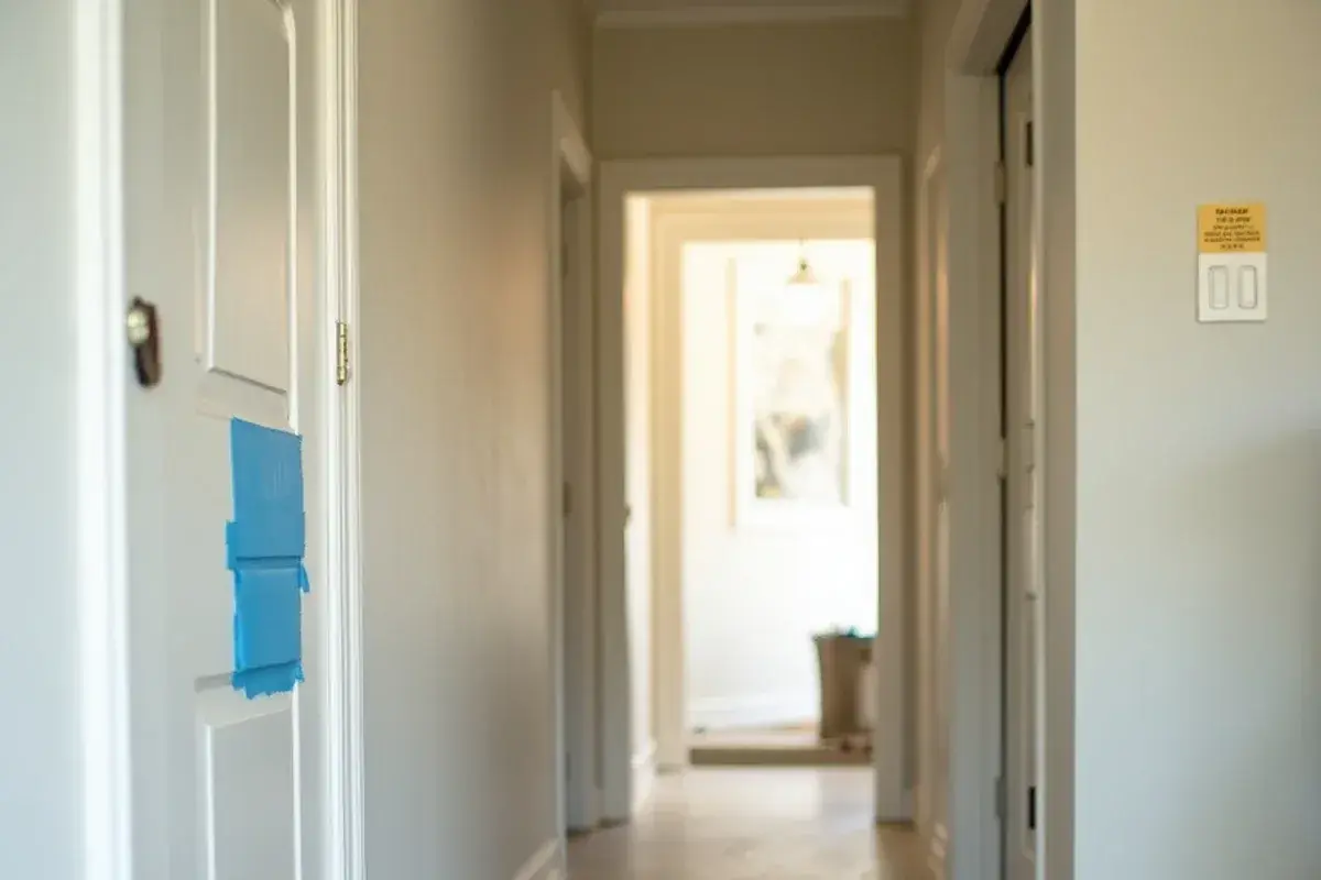 Square drywall patch drying over a repipe access hole in a Georgetown TX hallway