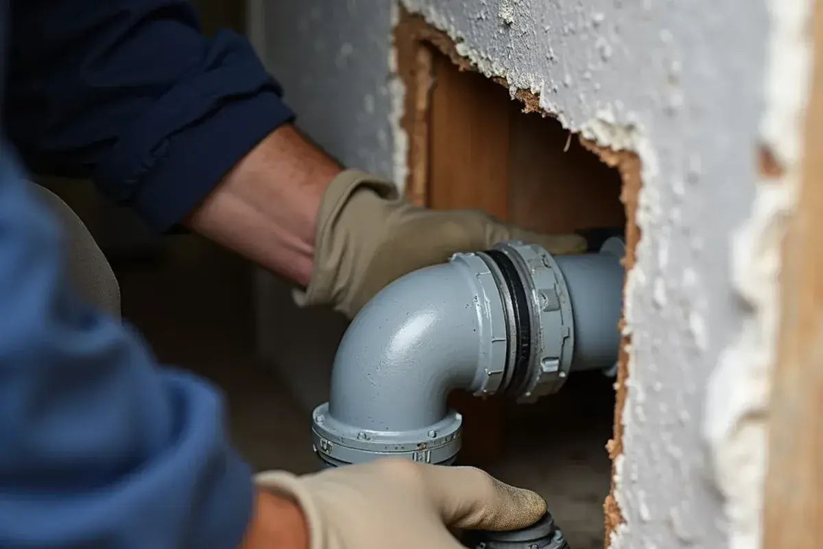 Gray polybutylene supply line with a cracked crimp fitting in a North Austin TX home