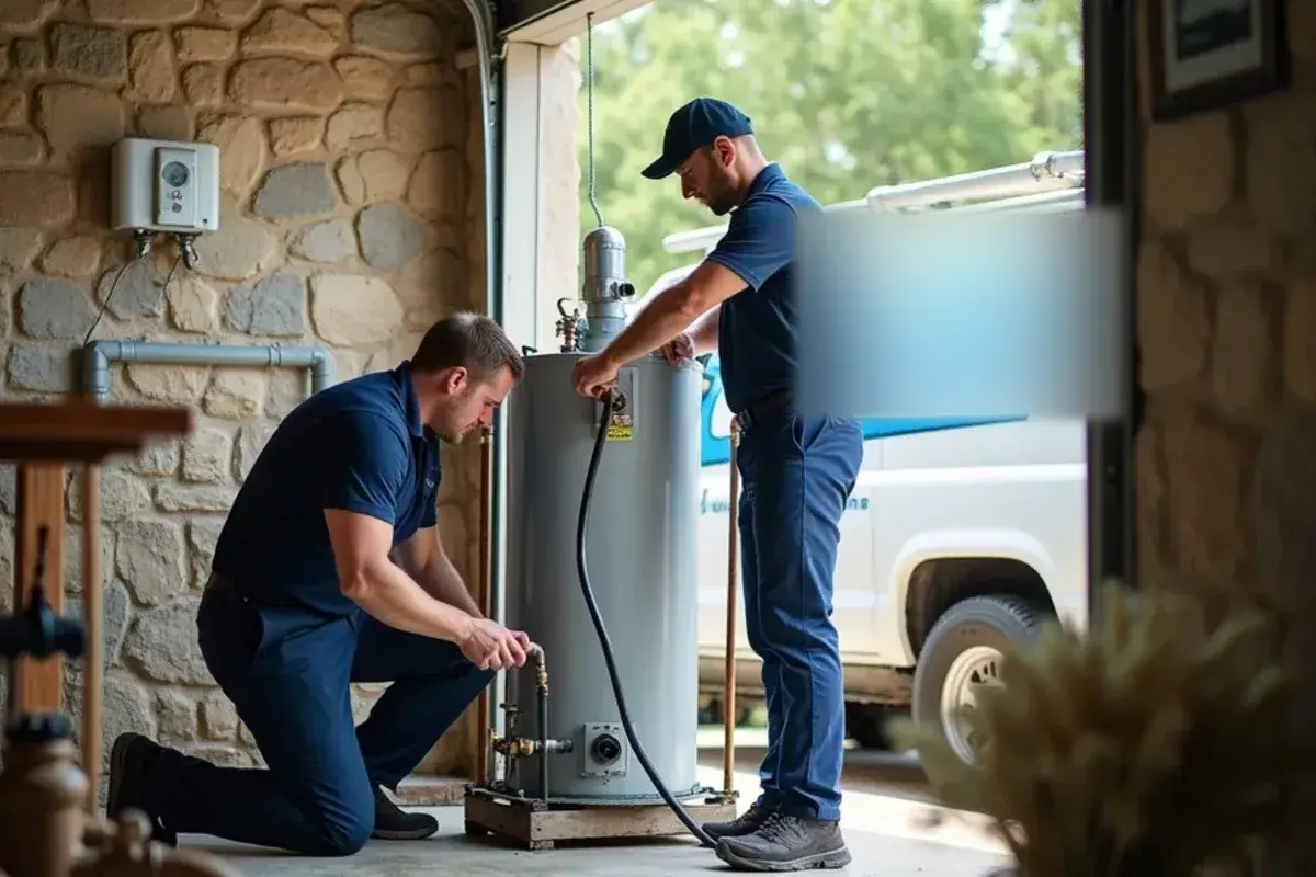 Plumber draining sediment from a garage water heater after a boil-water notice in Austin TX