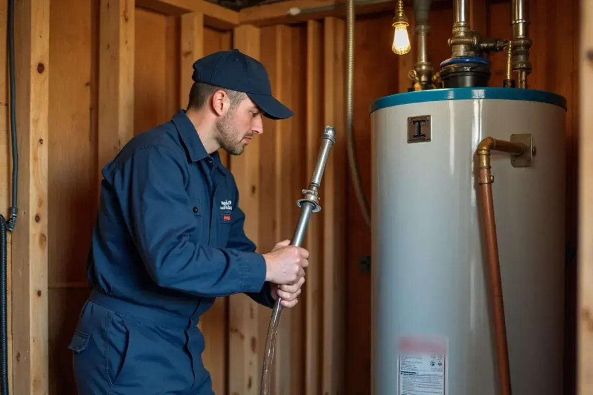 Plumber flushing hard-water sediment from a tank water heater in Bartlett TX