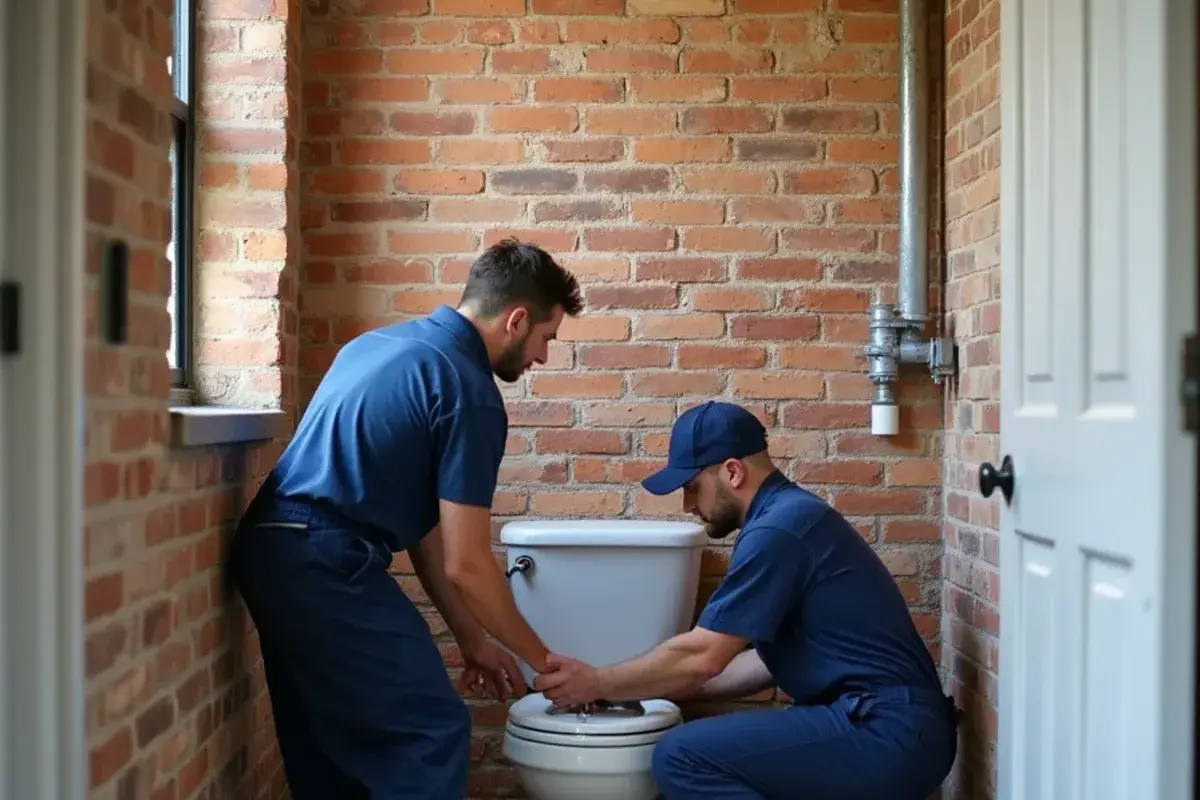 Plumber setting a new toilet in the back of a brick storefront in Bartlett TX