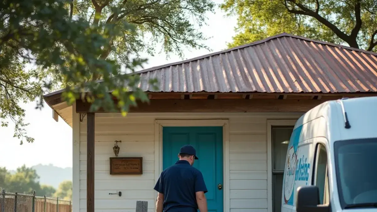 Plumber at the back steps of an early-1900s frame house in Bartlett TX