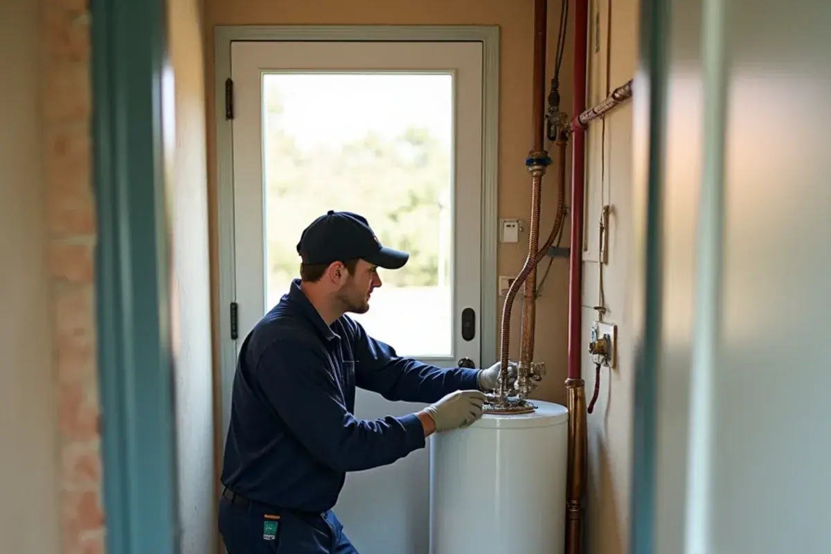 New electric water heater in the utility closet of a rental house in Belton TX