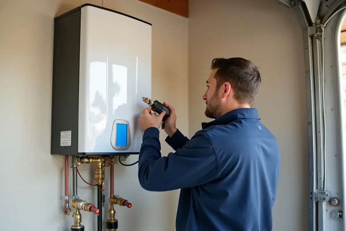 Tankless water heater installed on a garage wall in Cedar Park TX