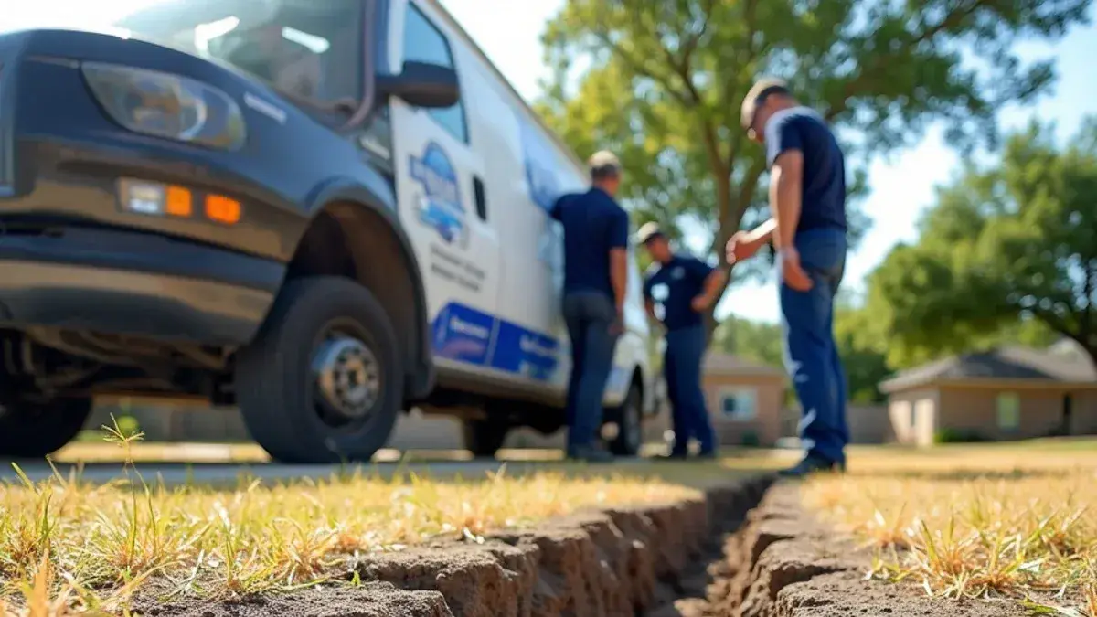 Deep cracks in dry black clay beside a slab foundation in Elgin TX