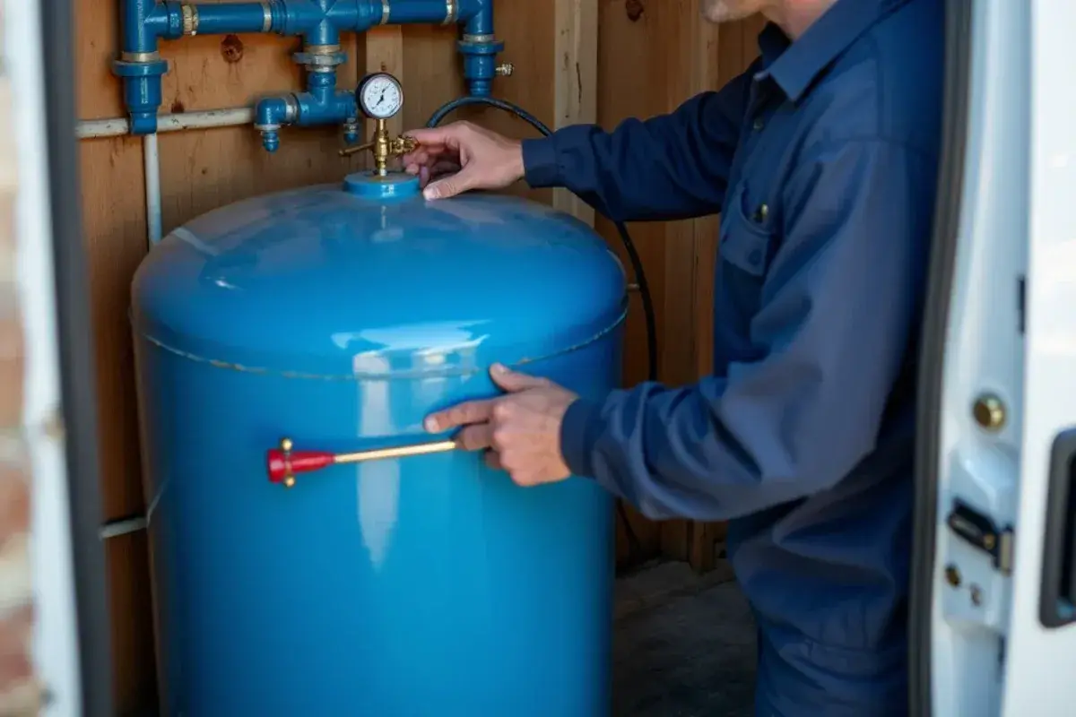 Well pressure tank and pressure switch inside a well house near Florence TX