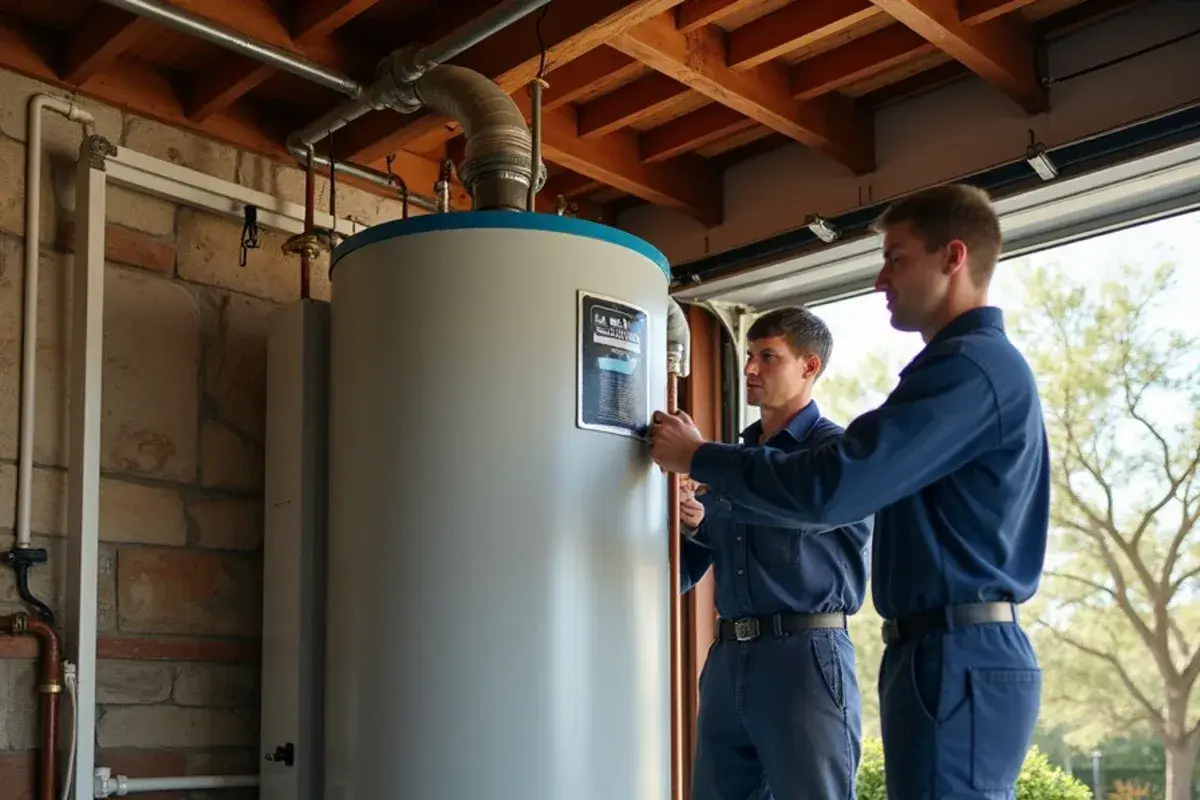 Aging builder-grade gas water heater on a garage platform in a Hutto TX house