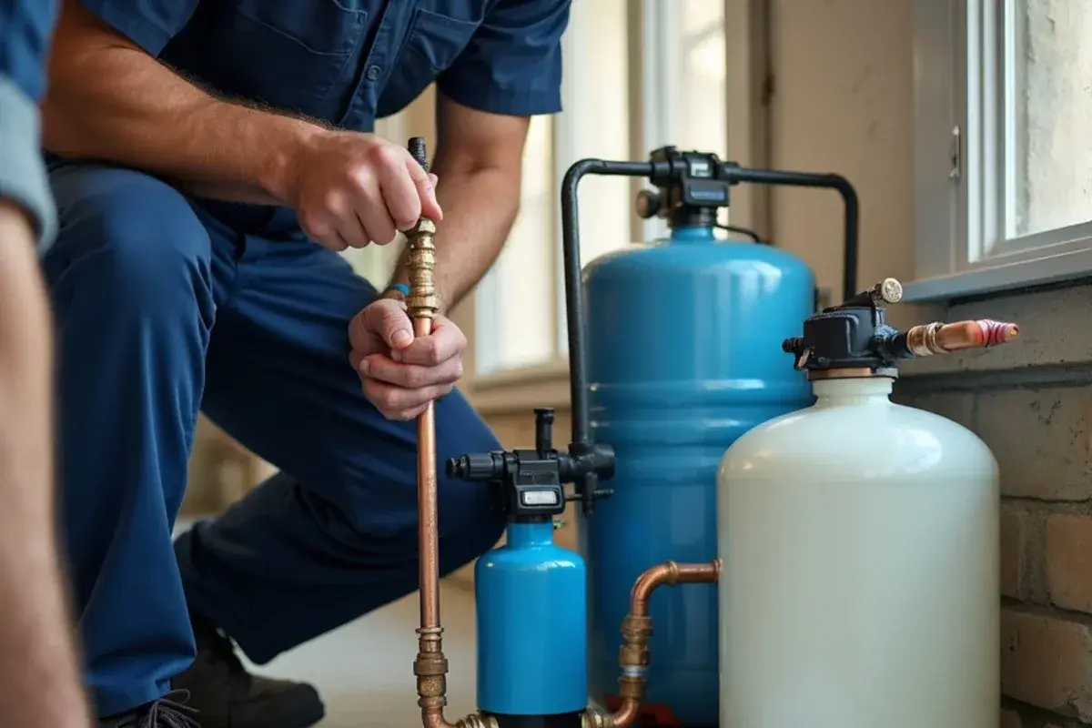 New water softener connected to a garage plumbing loop in a Hutto TX home