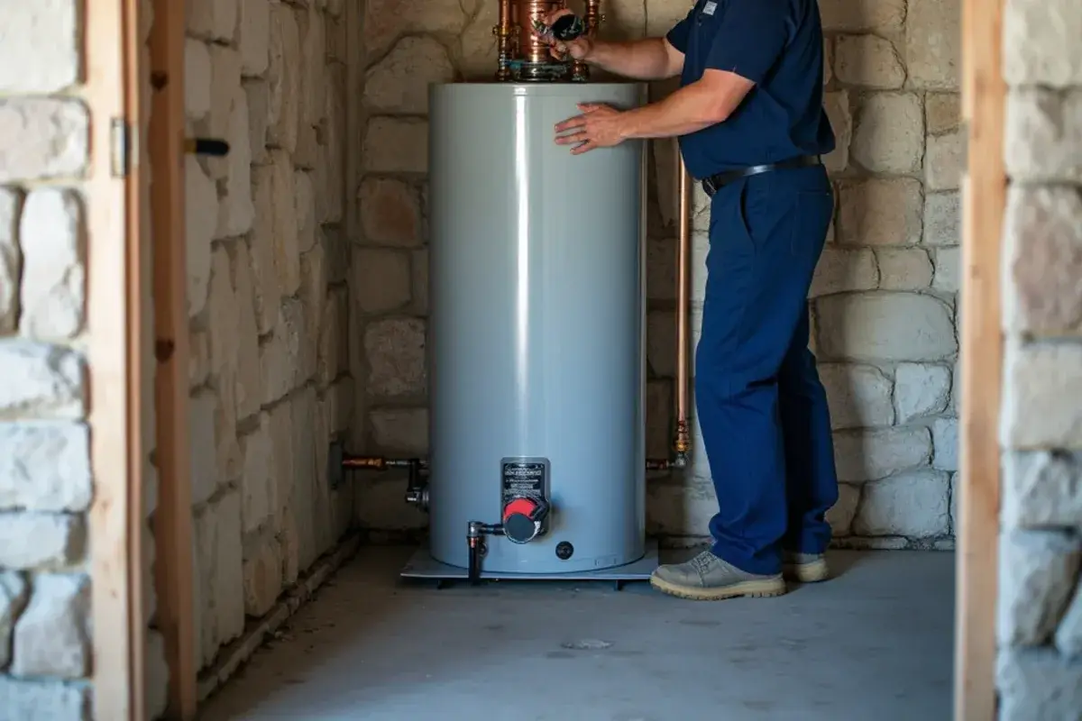 Gas water heater in the lower-level garage of a hillside home in Jonestown TX
