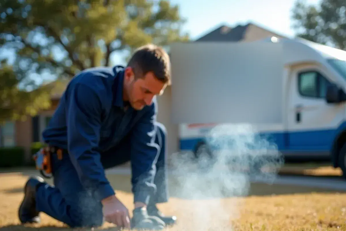Smoke rising from a cracked sewer cleanout during a city smoke test in Killeen TX