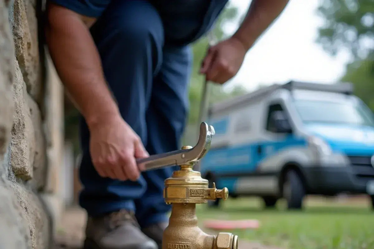 Brass pressure-reducing valve on the water service of a Lago Vista TX home