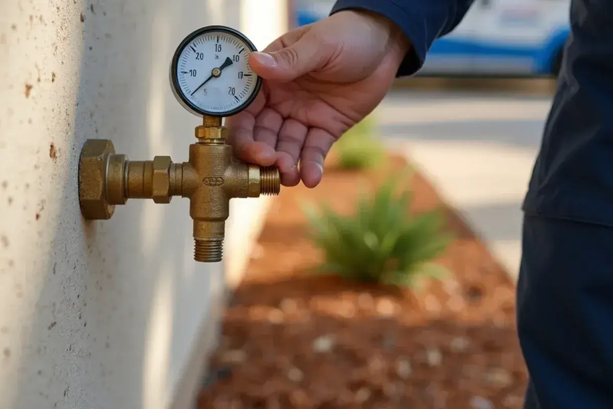 Water pressure gauge on an outdoor hose spigot at a Lago Vista TX house